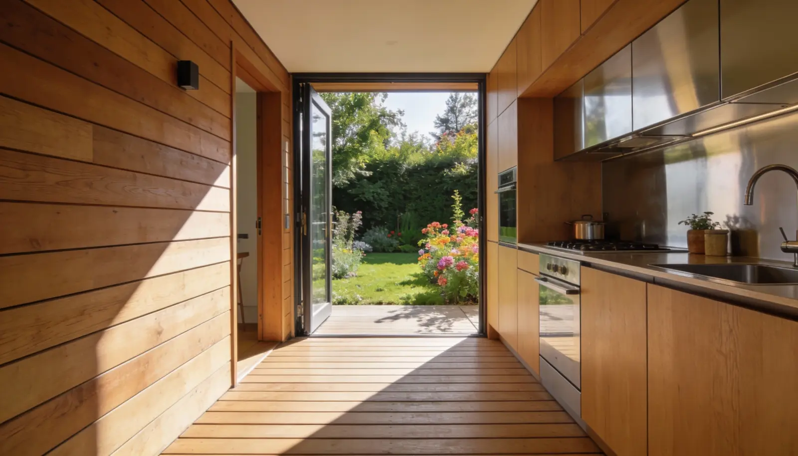 Połączenie aneksu kuchennego z wyjściem na taras drewniany 