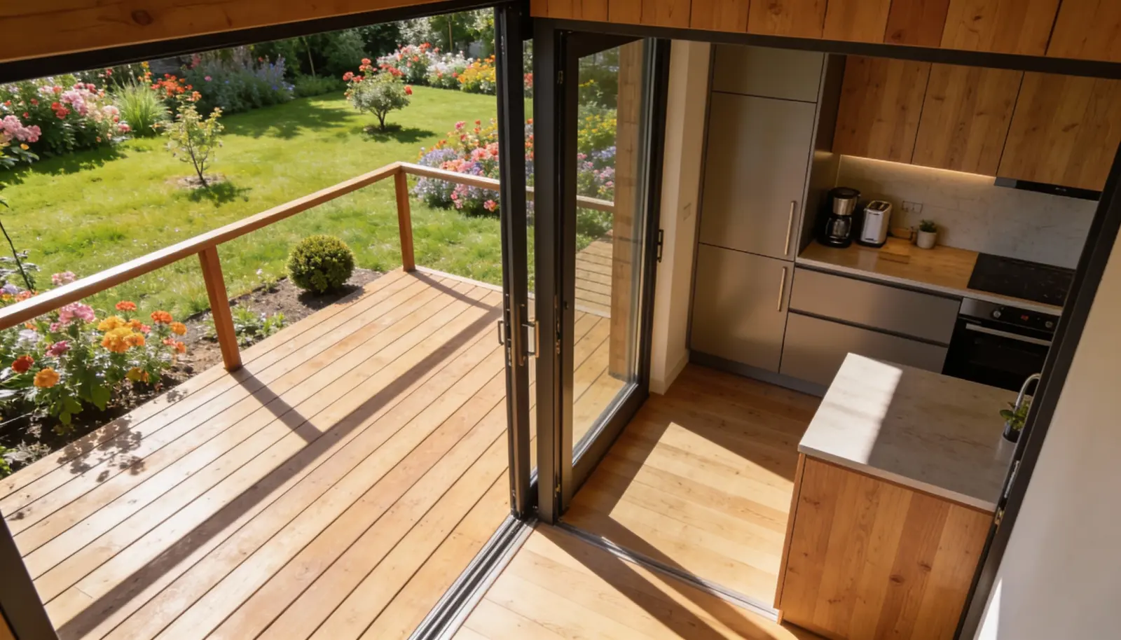 Połączenie aneksu kuchennego z wyjściem na taras drewniany 