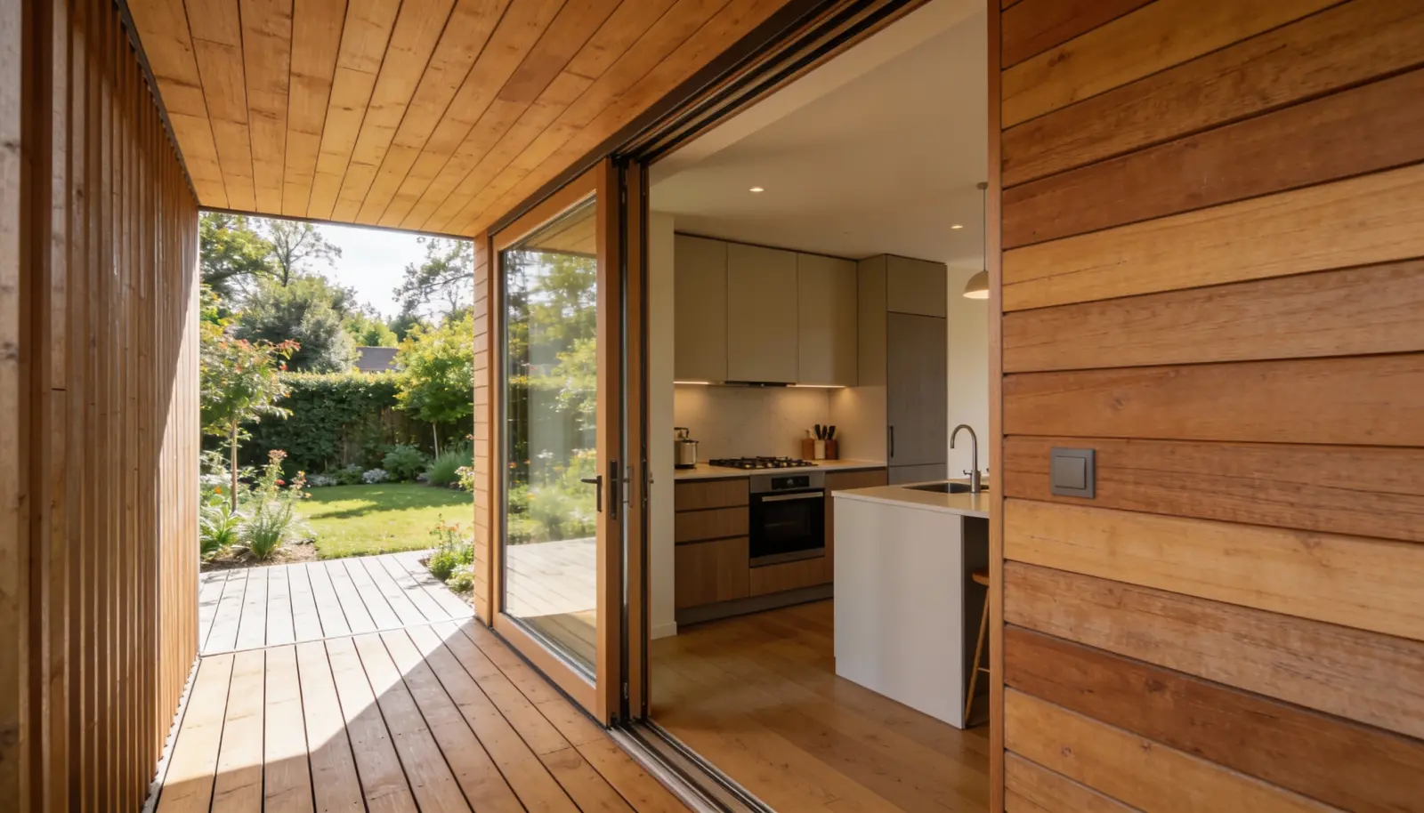 Połączenie aneksu kuchennego z wyjściem na taras drewniany 