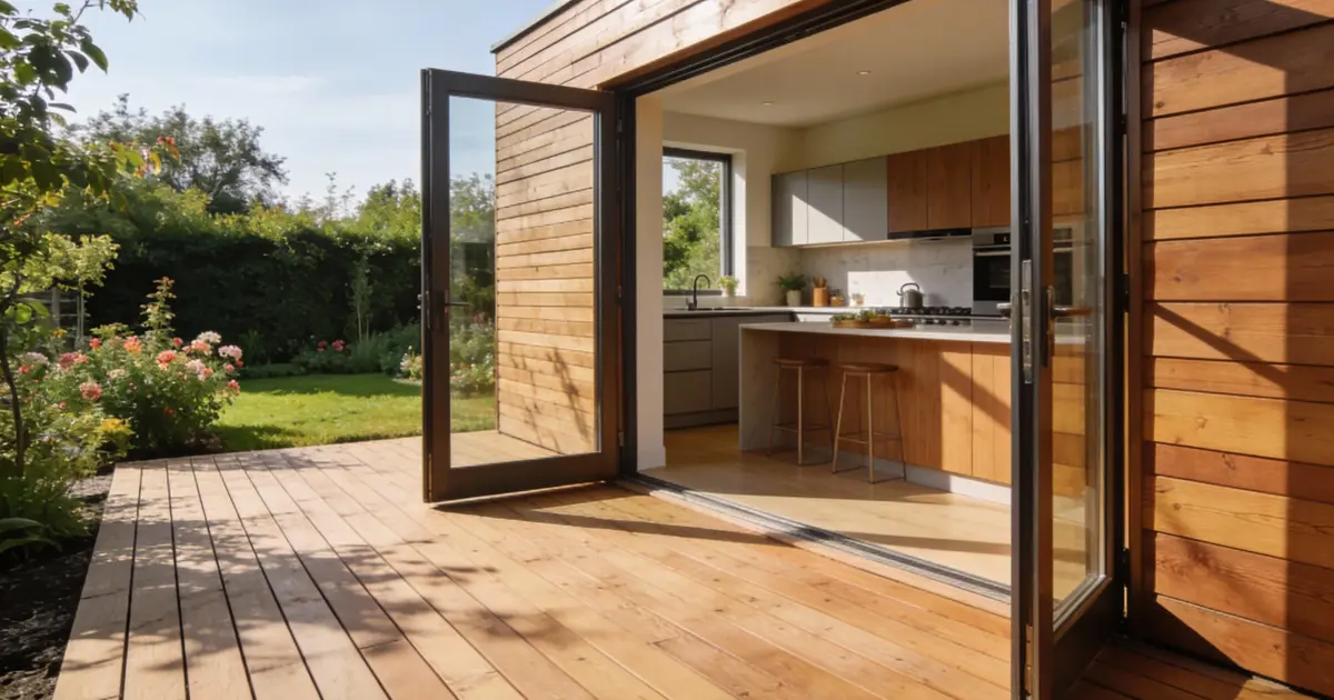 Połączenie aneksu kuchennego z wyjściem na taras drewniany